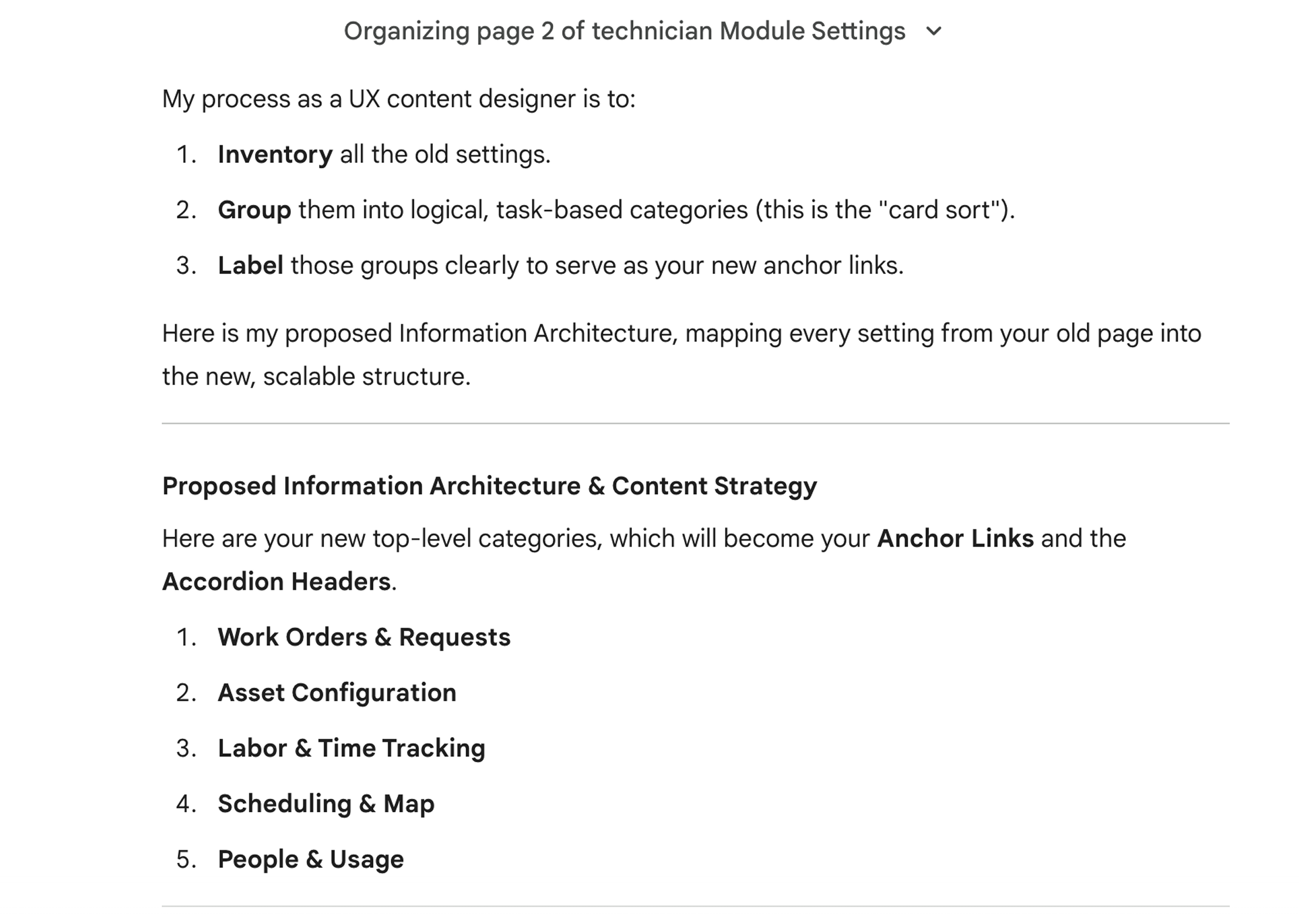 LLM analyzing existing settings structure to generate improved information architecture